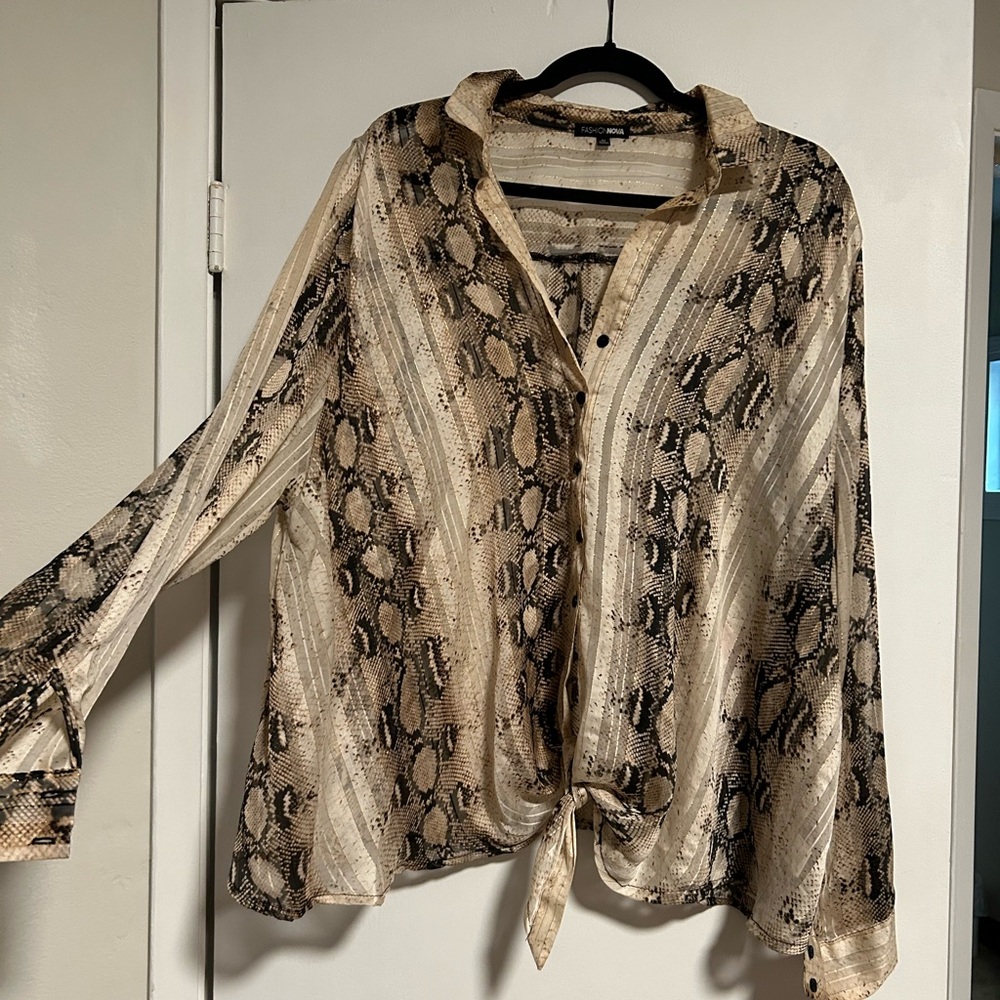 Button Front Fashion Nova Beige and Black snake print Top